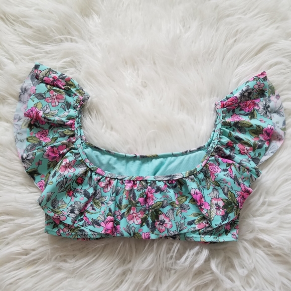 Blue C Women's Sz M Bikini Top Ruffled Shoulders Floral Pink Mint Green - Picture 3 of 6